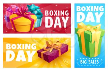 Boxing day gift boxes, vector Christmas presents with ribbons and confetti on colorful backdrop. Xmas boxing day winter holiday seasonal celebration, big sale promotional campaign, store advertising