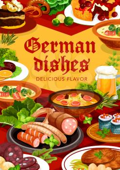 German cuisine dishes vector banner. Bavarian blood sausage, stuffed herring rollmops and soup with bacon, cherry pie and bavarian or hamburg steak, beer in tankard. German food restaurant meals