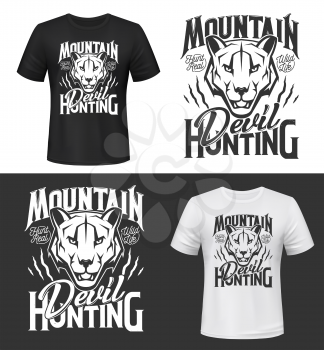 Cougar puma tshirt print or tattoo, vector mascot. Apparel mockup with mountain lion head. Safari, sport or hunter club t shirt uniform template with roar wild cat animal and Devil hunting lettering