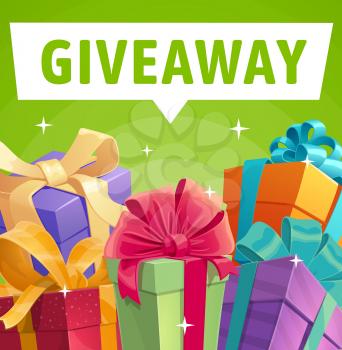 Giveaway gift boxes, vector presents, promotion contest, competition free prizes. Holidays and shopping giveaway gifts wrapped with ribbons. Promo for social media advertising campaign cartoon poster