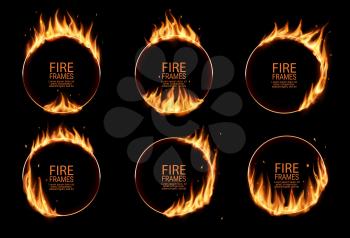 Fire rings, burning vector round frames. Burned hoops or holes in fire, realistic burn circles with flame tongues on edges. 3d flare circles for circus performance, isolated circular borders set