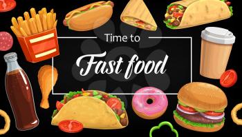 Fast food menu vector cover, hamburger french fries. Cola, coffee and onion rings with doner kebab or burritos with hot dog. Street food meals and beverage. Cartoon poster with burger and combo snacks