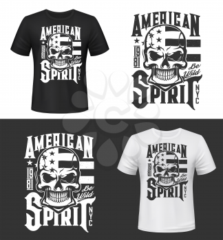Tshirt print with skull and USA flag, apparel design vector mockup. T shirt template with typography American Spirit. Monochrome print, isolated mascot emblem or label on black and white background