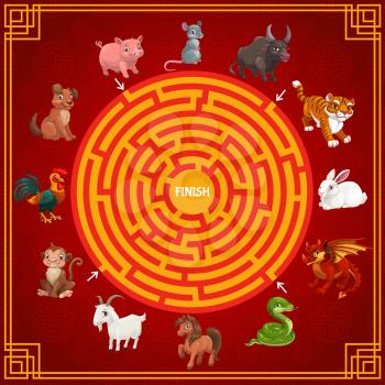Maze or labyrinth game vector template with cartoon zodiac animals of Chinese New Year calendar. Children education game or puzzle of find right way to finish with circular path, horoscope animals