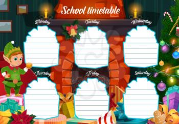 Winter holidays school timetable template with christmas gifts and elf character. Fairytale Santa Claus helper, wrapped gifts and Christmas tree near home fireplace cartoon vector. Kids week planner