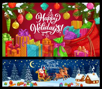 Christmas greeting banners of winter holidays vector design. Xmas tree, gifts and Santa with reindeer sledge, presents, ribbons and bows, snow, bag and pine tree branches, balls, snowflakes and cones