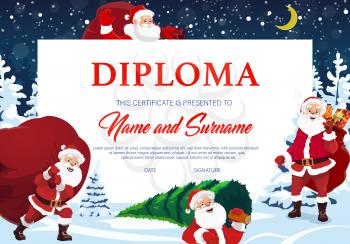 Christmas diploma, certificate with Santa Claus cartoon character. Santa carrying sack with presents on back, going in forest at night for spruce vector. Kindergarten or school winter holiday diploma
