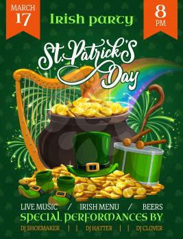 St. Patricks Day vector flyer, cartoon leprechaun pot stand on gold pile with top hat, shoes, drum, rainbow and lettering on green background with fireworks. Ireland Saint Patrick party invitation