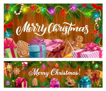 Christmas winter holiday gifts and Xmas tree on wooden background vector design. Present boxes with ribbons and bows, candies, stars and gingerbread, pine and holly branches with sock, balls, lights