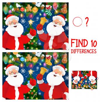 Christmas vector game of find or spot differences with Santa cartoon characters. Children education mind game, puzzle or worksheet template with Claus, Christmas tree and bell, Xmas stocking and snow