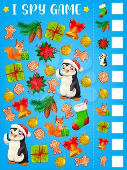 I spy game or puzzle with Christmas gifts vector template of children education. Find and count mind game, logic riddle or worksheet with Xmas bell, winter holiday present box, stocking and Santa hat