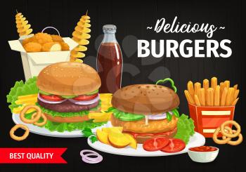 Burgers and combo snacks vector fast food hamburgers with lettuce and vegetables, french fries, nuggets and tornado spiral potato. Cola, ketchup sauce and onion rings. Street food meals cartoon poster