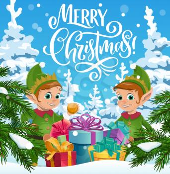 Christmas elves with Xmas gifts, vector winter holidays. Santa helpers and boxes of Christmas presents with ribbons, bows and snow, pine or fir trees and snowflakes greeting card design