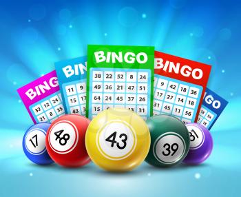 Lottery balls and tickets, 3d vector bingo lotto cards with numbers, keno gambling games. Colourful realistic balls and betting slips with lucky numbers, gaming industry and casino advertising design
