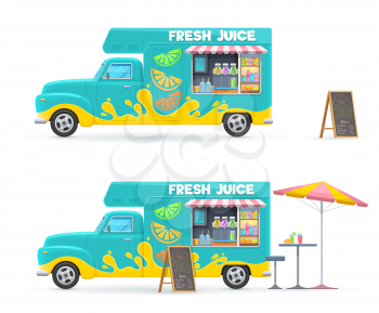 Fresh juice food truck isolated vector retro van with cold drinks, beach umbrella chalkboard menu and table with chair. Cartoon transportation car for street or beach beverages selling, cafe on wheels
