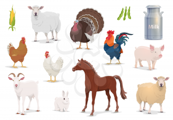 Farm animals cartoon vector sheep, turkey and cock, pig, goat and horse with chicken and rabbit. Corn, milk in tin can and bean pods, farm husbandry production, healthy eco food isolated icons set