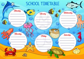 School timetable with underwater cartoon animals. Vector educational schedule with funny tuna, starfish and angel fish, sea horse, marlin and octopus. Week time table template with ocean creatures