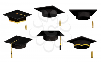 Academic caps isolated vector icons, cartoon university graduation black hats with tassels and golden lace. Students alumni headwear uniform for graduation valedictorian ceremony, mortarboard caps set