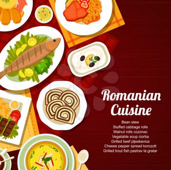 Romanian cuisine menu cover. Bean stew, vegetable soup Ciorba and cheese pepper spread Korozott, grilled trout fish Pastrav la gratar, beef Pljeskavica and stuffed cabbage rolls, walnut rolls Cozonac