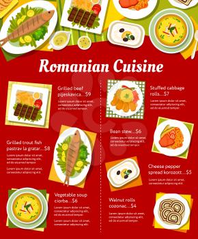 Romanian cuisine menu template. Walnut rolls Cozonac, beef Pljeskavica and cheese pepper spread Korozott, vegetable soup Ciorba, grilled trout Pastrav la gratar and stuffed cabbage rolls, bean stew