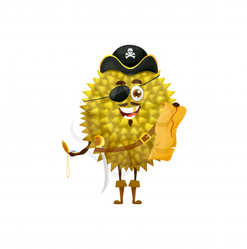 Pirate yellow durian fruit in pirate hat with jolly roger, compass and map in hands isolated cartoon character mascot. Vector smelling durian in eye patch, ripe fruit corsair or buccaneer in belt