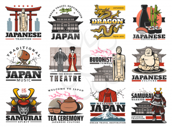Japan isolated vector icons with Japanese travel landmark, food, culture and religion symbols. Asian sushi, Fuji mountain, tea ceremony and Buddha temple, dragon, samurai, geisha kimono and kabuki