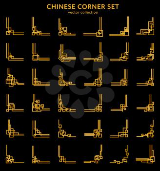 Asian chinese golden frame corners and dividers, oriental ornaments. Gold knots embellishments vector set. Decorative borders, Feng Shui traditional elements, geometric ornamental corners