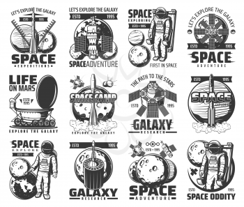 Galaxy explore monochrome vector icons. Universe expedition and adventure. Astronaut, space shuttle and satellites in outer space. Cosmos explorers and alien planet colonization mission retro labels