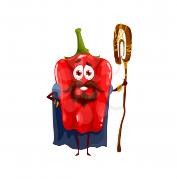 Vegetable wizard with magic crook in cape isolated rd pepper cartoon character. Vector funny veggie with beard and mustaches on face, smiling fairy sorcerer, kids children farm food, magician emoticon