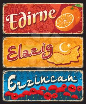 Edirne, Elazig and Ezzincan Turkish il province plates. Turkey travel destination vector vintage plaques, aged banners with orange fruits, poppy field and moon with star on map. Grunge signboards set