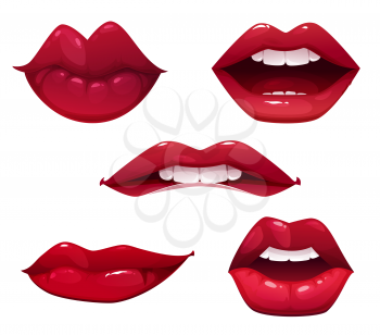 Woman cartoon sexy lips of vector isolated mouths with red lipstick, teeth and tongue. Girl kiss, smile, lip biting and half open mouth, sensual lips with different emotion expression