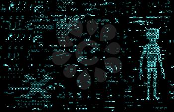 Glitch error screen distortion with alien. Digital pixel noise vector background with blue neon silhouette of humanoid alien, tv static screen texture and no signal effect pattern