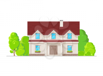 Suburban residential house building with siding and columns on entrance, vector architecture. Building exterior of mansion or cottage villa, family townhouse or apartments lodge, suburban dwelling