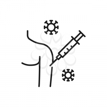 Virus vaccine and vaccination isolated thin line icon. Vector medical syringe in human shoulder, antiviral injection, covid gems, coronavirus disease campaign. Health care, corona prevention