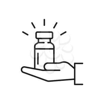 Hand holding bottle with medicine pills isolated thin line icon. Vector medicament pills, healthcare and immunization concept. Pharmacy treatment, antiviral drugs, coronavirus protection