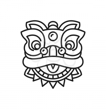 Chinese lion dancer head isolated thin line icon. Vector foo dog portrait, ancient traditional monster from China, face mask to dance on Chinese New Year lunar holiday. Tattoo design element