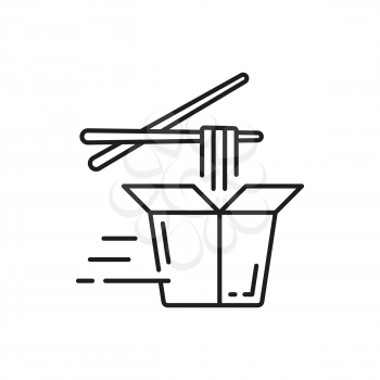 Wok box with noodles and chopsticks isolated line art outline icon. Vector takeaway food delivery label, pasta with veggies and fried pork. Takeout food package fast online order, Chinese or Thai dish