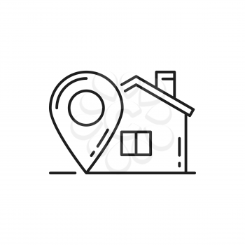 Gps delivery and parcel tracking to home or house, pinpoint line art icon isolated. Vector place delivery to location, fastfood fast online orders and shipping services, navigation and point