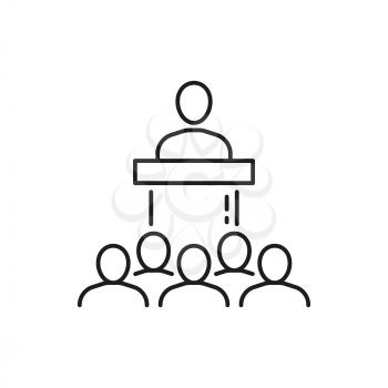 Politician speaking on tribune in front of people isolated thin line icon. Vector business meeting or conference, boss speaking on stage, brainstorming and cooperation, interviewing, recruitment