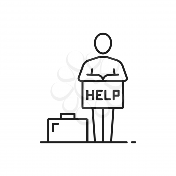 Customer support, person assistance help board, briefcase isolated thin line icon. Vector support center worker, computer operator ready to help, technician private policy assistant. Instruction guide