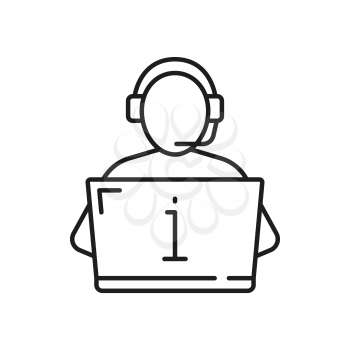Support center operator in headphones typing on computer isolated thin line icon. Vector helpline worker giving information instructions, call center hotline assistant in headset, communication online