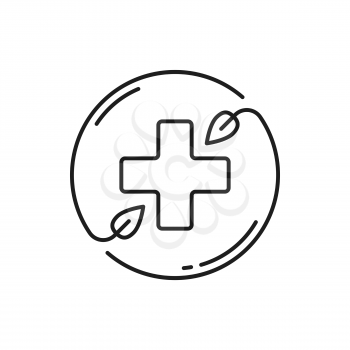 Medical cross in circle of herbal plants isolated outline icon. Vector beauty and spa salon emblem, health care and massage therapy, emergency ambulance sign, pharmacy hospital, medical assistance