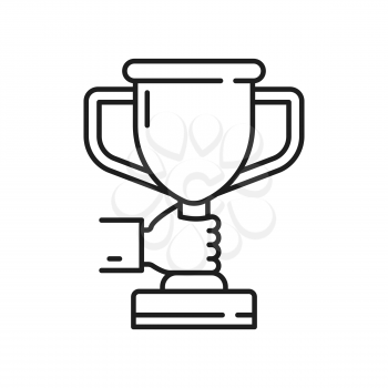 Hand holding trophy cup best prize award isolated thin line icon. Vector success in business, successful education, winners goal achievement. Leadership and inspiration, champion reward outline sign