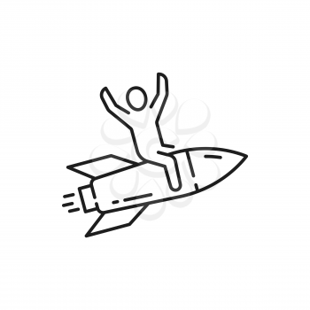 Successful happy businessman flying on rocket to goal isolated outline icon. Vector leadership, start-up, growth and opportunity business ,management. Joyful guy, innovation professional leader
