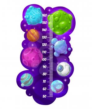 Kids height chart, growth meter. Cartoon space galaxy planets. Vector stadiometer, measure sticker scale for children with fantasy alien world. Universe, outer space with glowing stars and asteroids