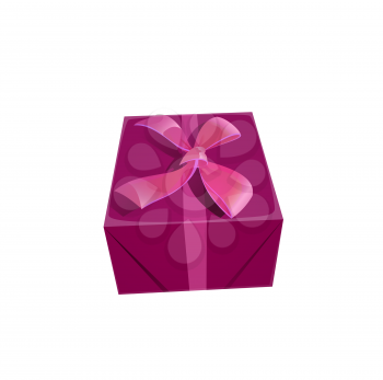Holiday gift box or present vector cartoon pink package or pack, decorated with ribbon and bow. Christmas or New Year holiday surprise, Birthday, Valentine Day or wedding anniversary present