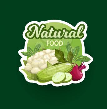 Farm vegetables label and veggies food icon, vector. Organic natural vegetables, farm market and vegetarian shop emblem with cabbage cauliflower, zucchini squash and beet