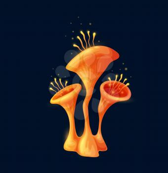Fantasy magic cartoon toxic mushroom, luminous orange vector fungus with round caps with villi in deeping. Unusual fairy tale ui game asset with bright glowing hat. Natural alien plant, bizarre fungi