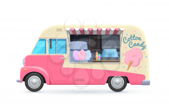 Cotton candy food truck, isolated vector van, cartoon car for street food desserts selling. Pink automobile cafe or restaurant on wheels with sweet candy cotton assortment, canopy and chalkboard menu