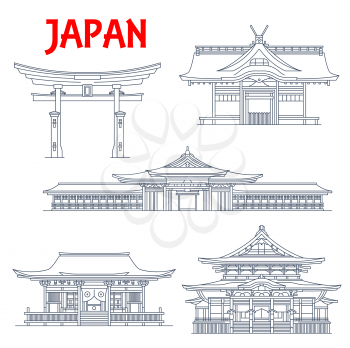 Japan landmark icons, temples in Tokyo, pagodas and Torii Gates in Itsukushima Ryobu, vector. Japan travel architecture landmarks Kokubunji temple Zenko-ji in Nagano, Sumiyoshi-taisha shrine in Osaka